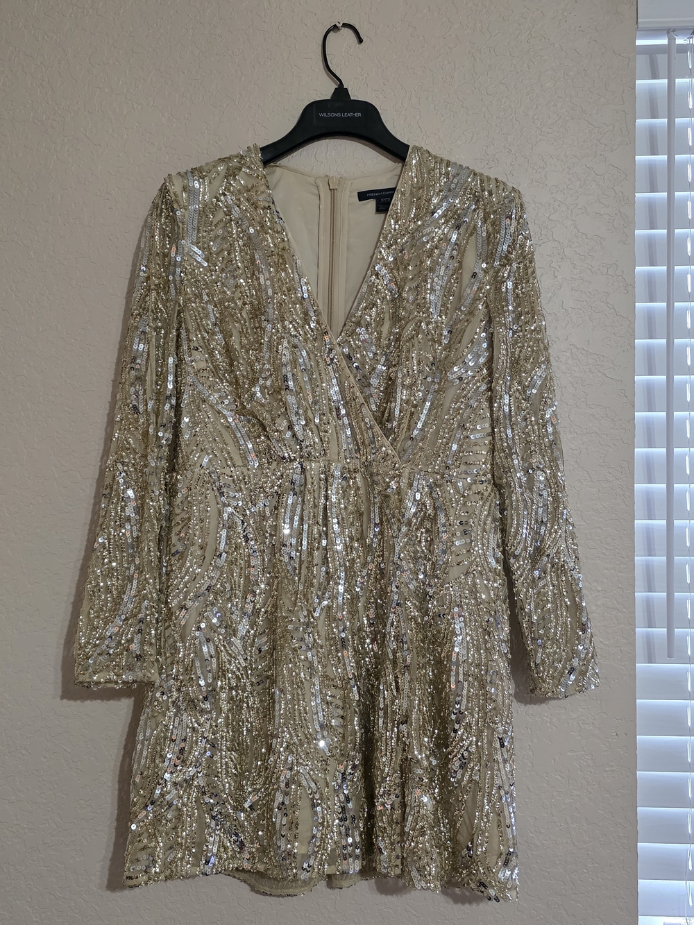 French Connection Gold Sequin Mini Dress with V-Neck